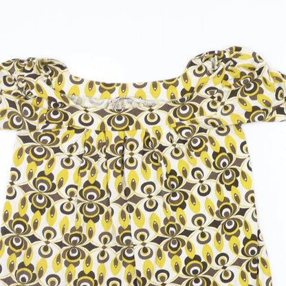 Close-up detail of Papaya women’s yellow geometric basic t-shirt, size UK 8