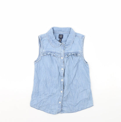 Additional front view of Gap girls’ blue denim basic button-up, size M