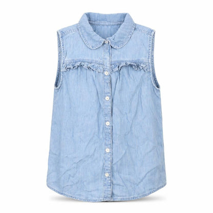 Front view of Gap girls’ blue denim basic button-up, size M