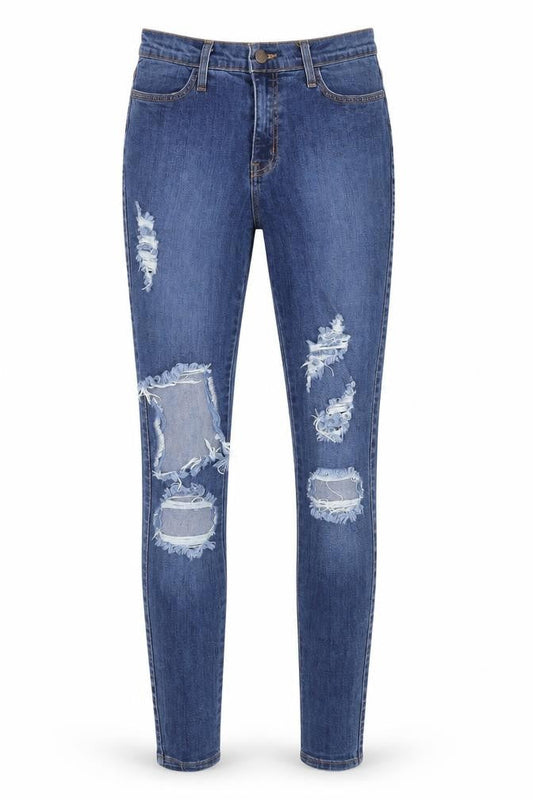 Front view of Fashion Nova women’s blue denim skinny jeans, size UK 28, in, 29-inch leg