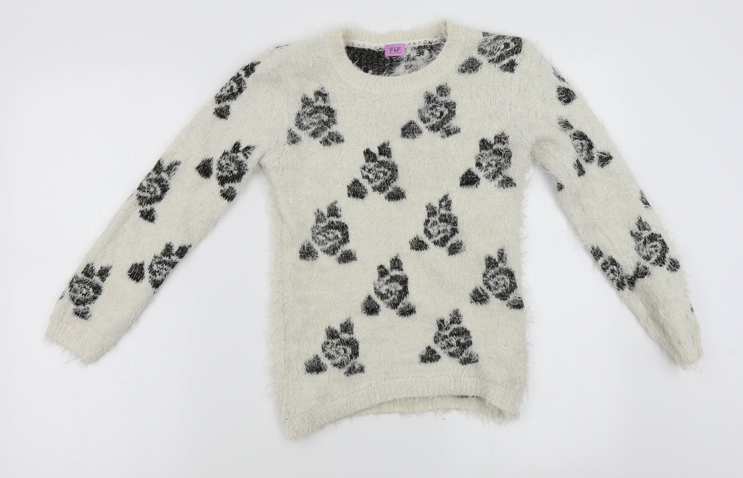 F&F Girls Ivory Floral  Pullover Jumper Size 9-10 Years
