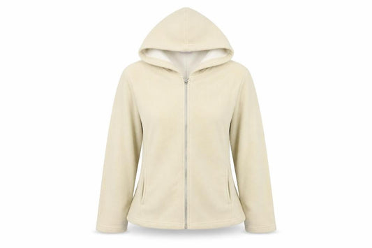 Front view of Papaya women’s beige fleece jacket, size UK 12