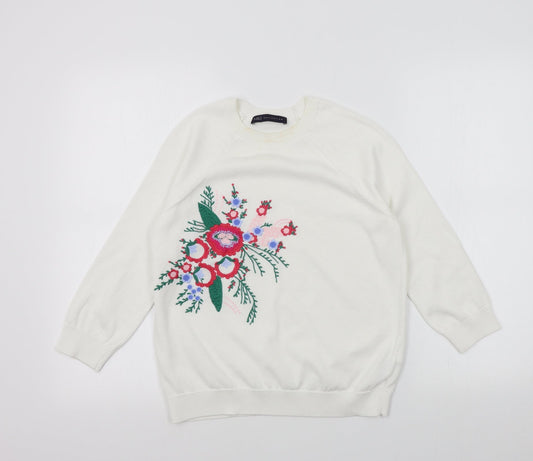 M&S Womens White Floral  Pullover Jumper Size 8