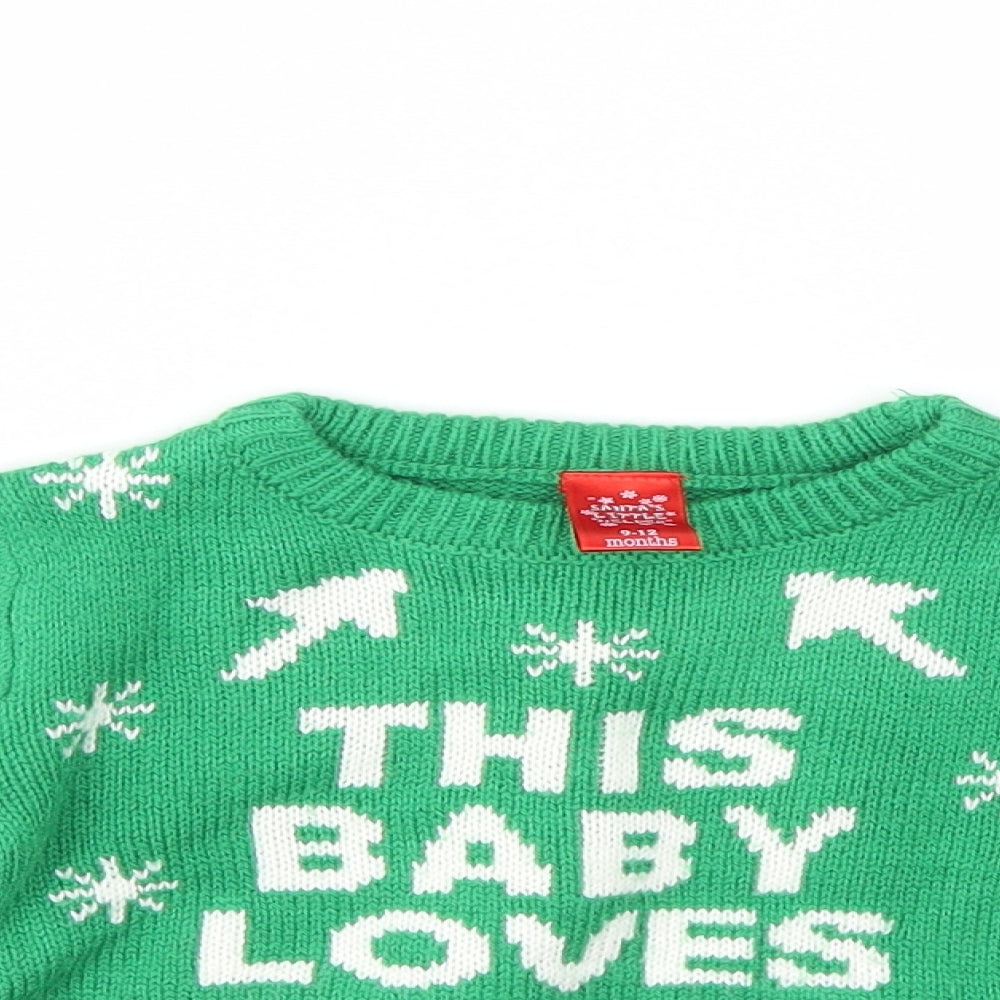 Santas little Helper Boys Green   Pullover Jumper Size 9-12 Months