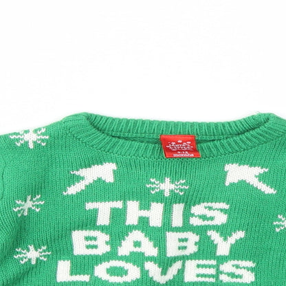 Close-up detail of Santas little Helper boys’ green jumper, size 9-12, months