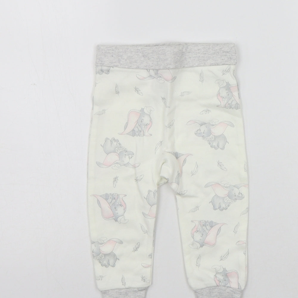 Brand and care label for Disney girls’ beige geometric jogger leggings, size 6-9, months - elastic waist band