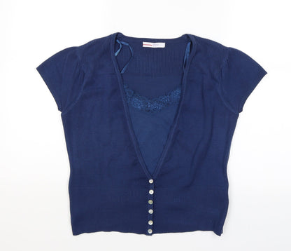 Additional front view of Papaya women’s blue cardigan jumper, size UK 14