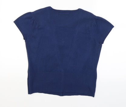 Back view of Papaya women’s blue cardigan jumper, size UK 14