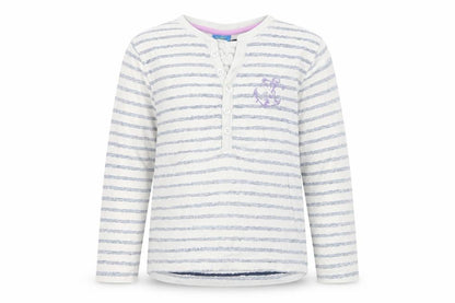 Front view of Emma Bunton girls’ grey striped basic blouse, size 6, years