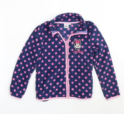Front view of Disney girls’ blue polka dot jacket coatigan, size 8, years