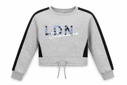 Front view of Closure girls’ grey pullover sweatshirt, size 8-9, years