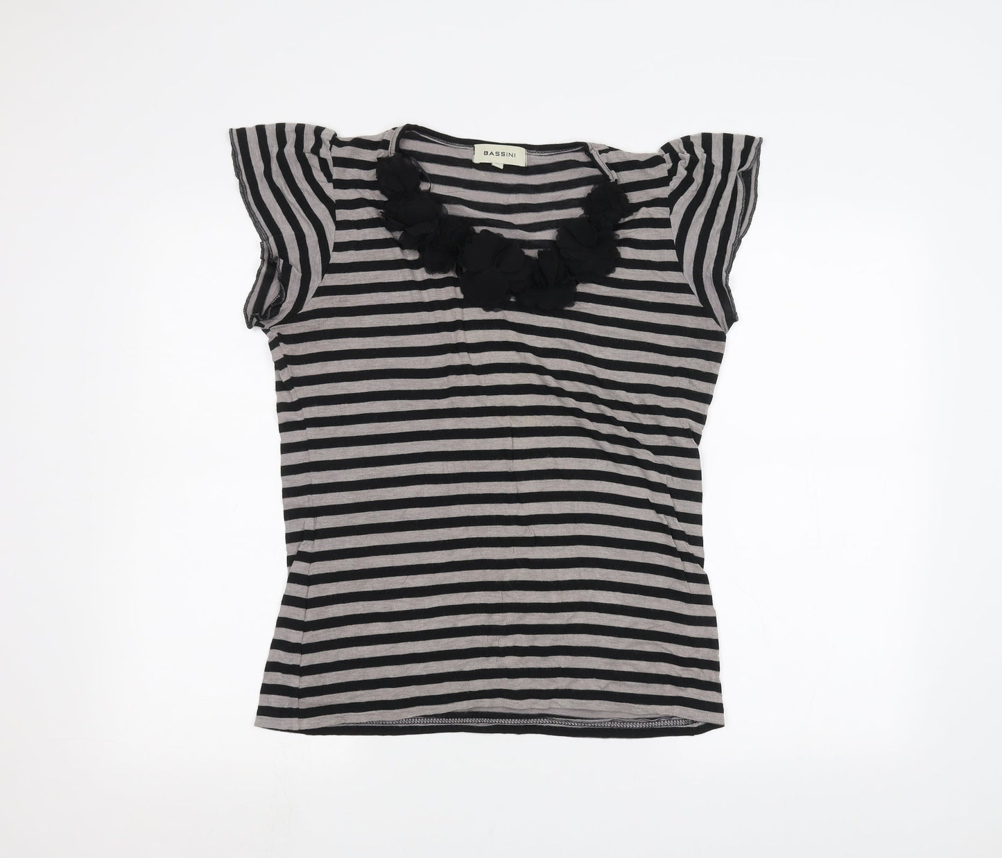 BASSINI Womens Grey Striped  Basic T-Shirt Size L