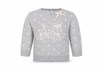 Front view of Baby Gap girls’ grey spotted jumper, size 0-3, months - bike