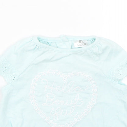 Close-up detail of F&F girls’ blue floral basic t-shirt, size 0-3, months