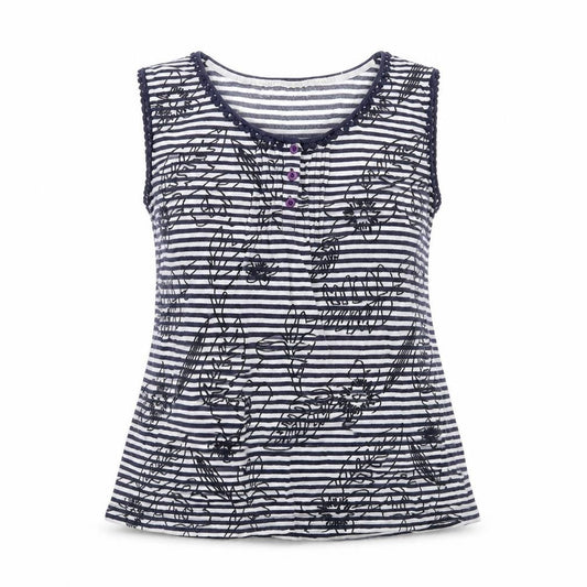 Heyton Womens Blue Striped  Basic T-Shirt Size L  - Floral embroidery