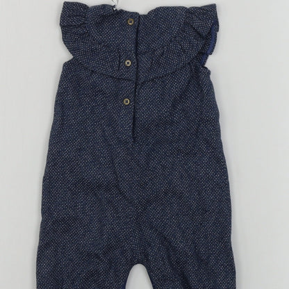 Brand and care label for Tu boys’ blue babygrow one-piece, size 0-3, months