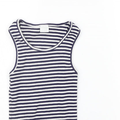 Close-up detail of F&F girls’ blue striped basic tank, size 9-10, years