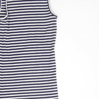 Brand and care label for F&F girls’ blue striped basic tank, size 9-10, years