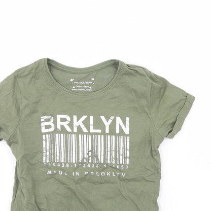 Close-up detail of Primark girls’ green basic t-shirt, size 7, years - brooklyn