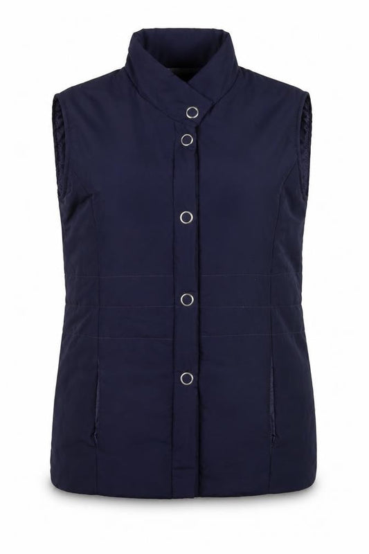 Front view of Anne de Lancay women’s blue puffer jacket waistcoat, size UK 10