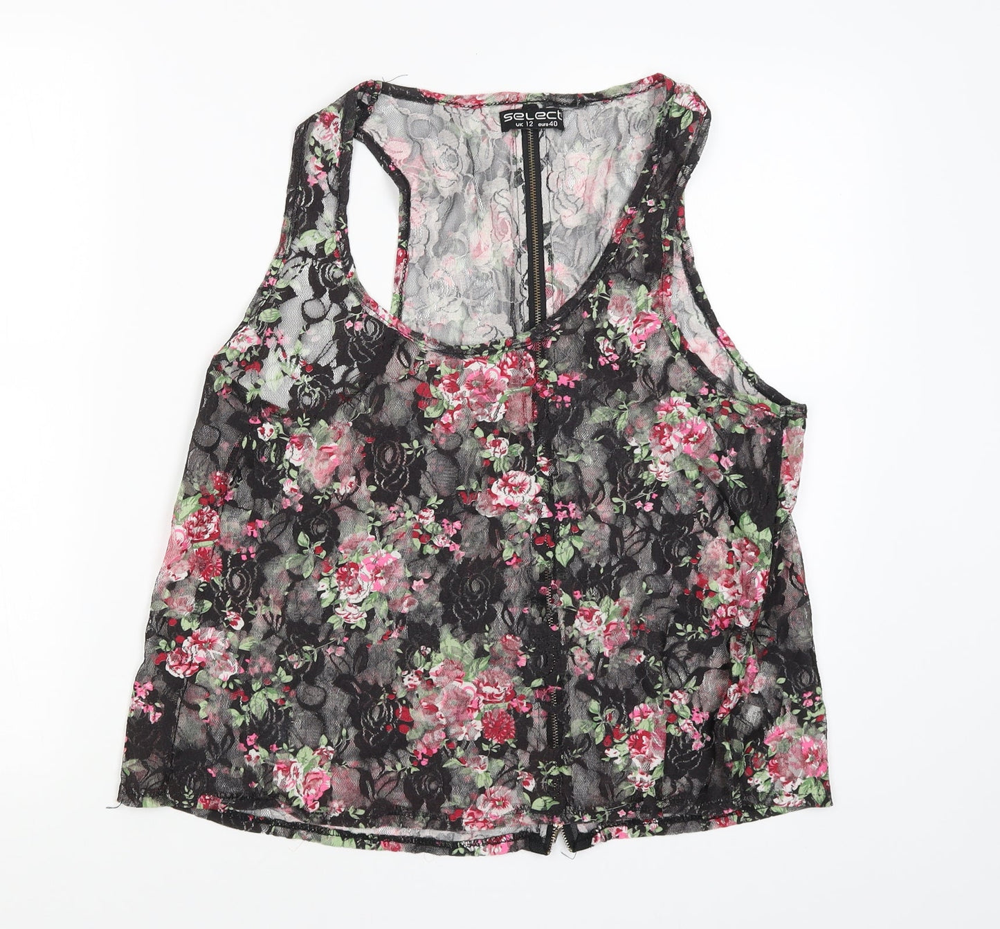 Select Womens Black Floral  Basic T-Shirt Size 12  - Zip back