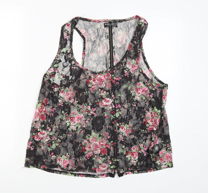 Select Womens Black Floral  Basic T-Shirt Size 12  - Zip back