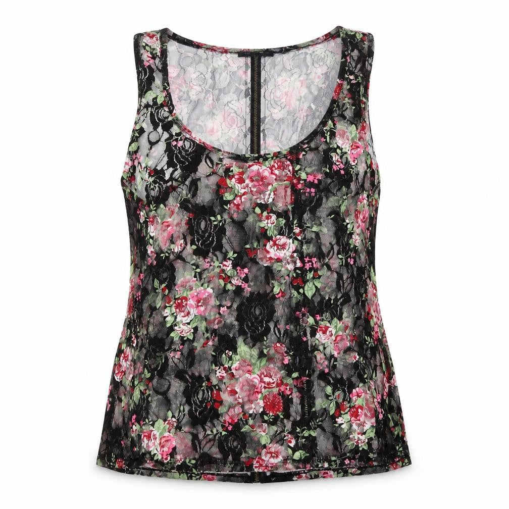 Select Womens Black Floral  Basic T-Shirt Size 12  - Zip back