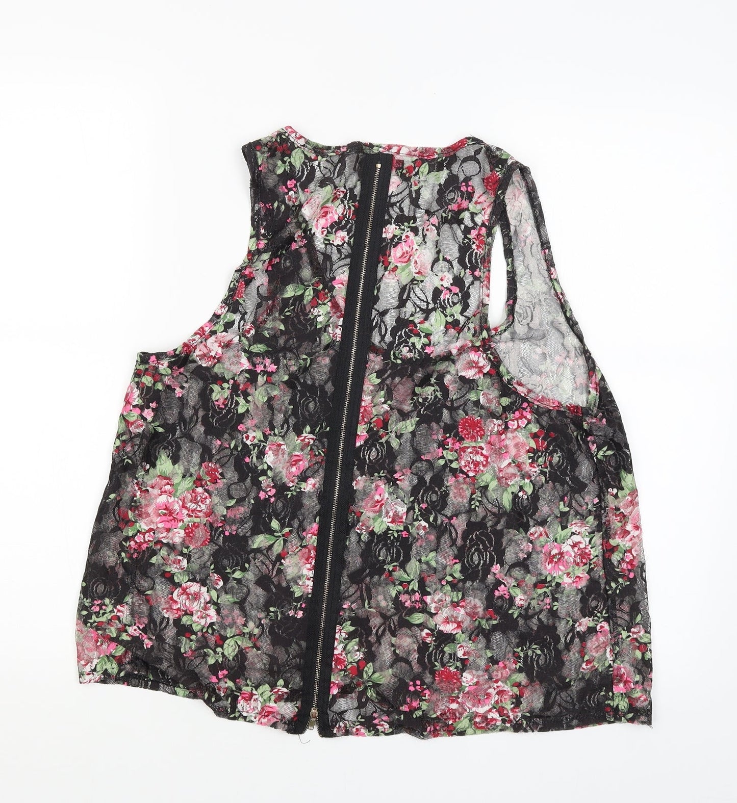 Select Womens Black Floral  Basic T-Shirt Size 12  - Zip back