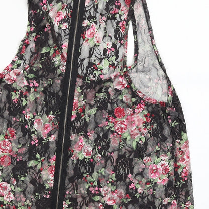 Select Womens Black Floral  Basic T-Shirt Size 12  - Zip back