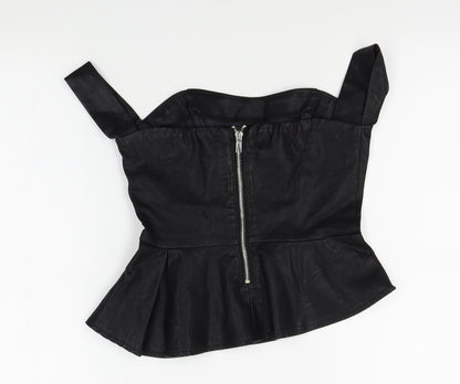 Back view of Missguided women’s black basic blouse, size UK 6, - faux leather