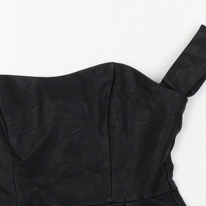Close-up detail of Missguided women’s black basic blouse, size UK 6, - faux leather