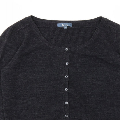 Close-up detail of EVIE women’s grey cardigan jumper, size UK 10