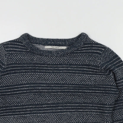 Close-up detail of TRU boys’ blue geometric jumper, size S