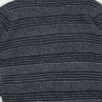 Brand and care label for TRU boys’ blue geometric jumper, size S