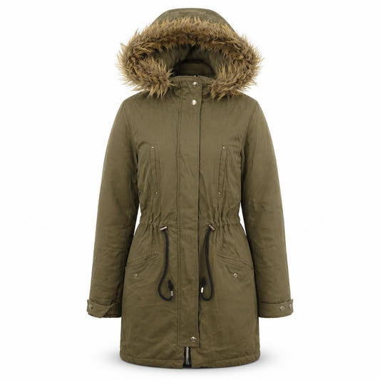 Front view of Papaya women’s green jacket coat, size UK 6