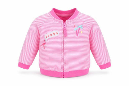 Front view of F&F girls’ pink striped basic jacket jacket, size 3-6, months