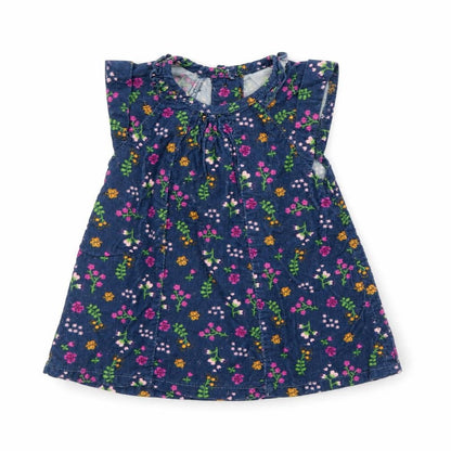 Front view of Baby Club girls’ blue floral corduroy a-line, size 0-3, months