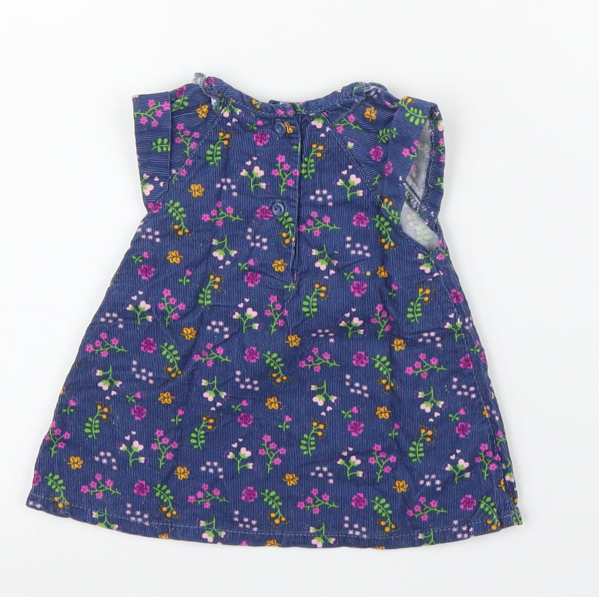 Back view of Baby Club girls’ blue floral corduroy a-line, size 0-3, months