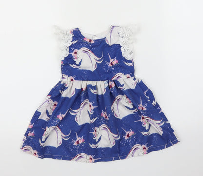 Additional front view of CANIS girls’ blue a-line, size 12, months - unicorn