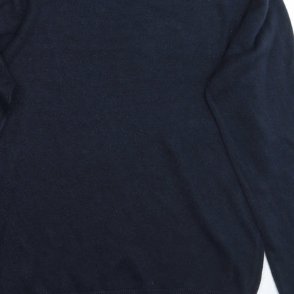 Brand and care label for Easy men’s blue jumper, size M