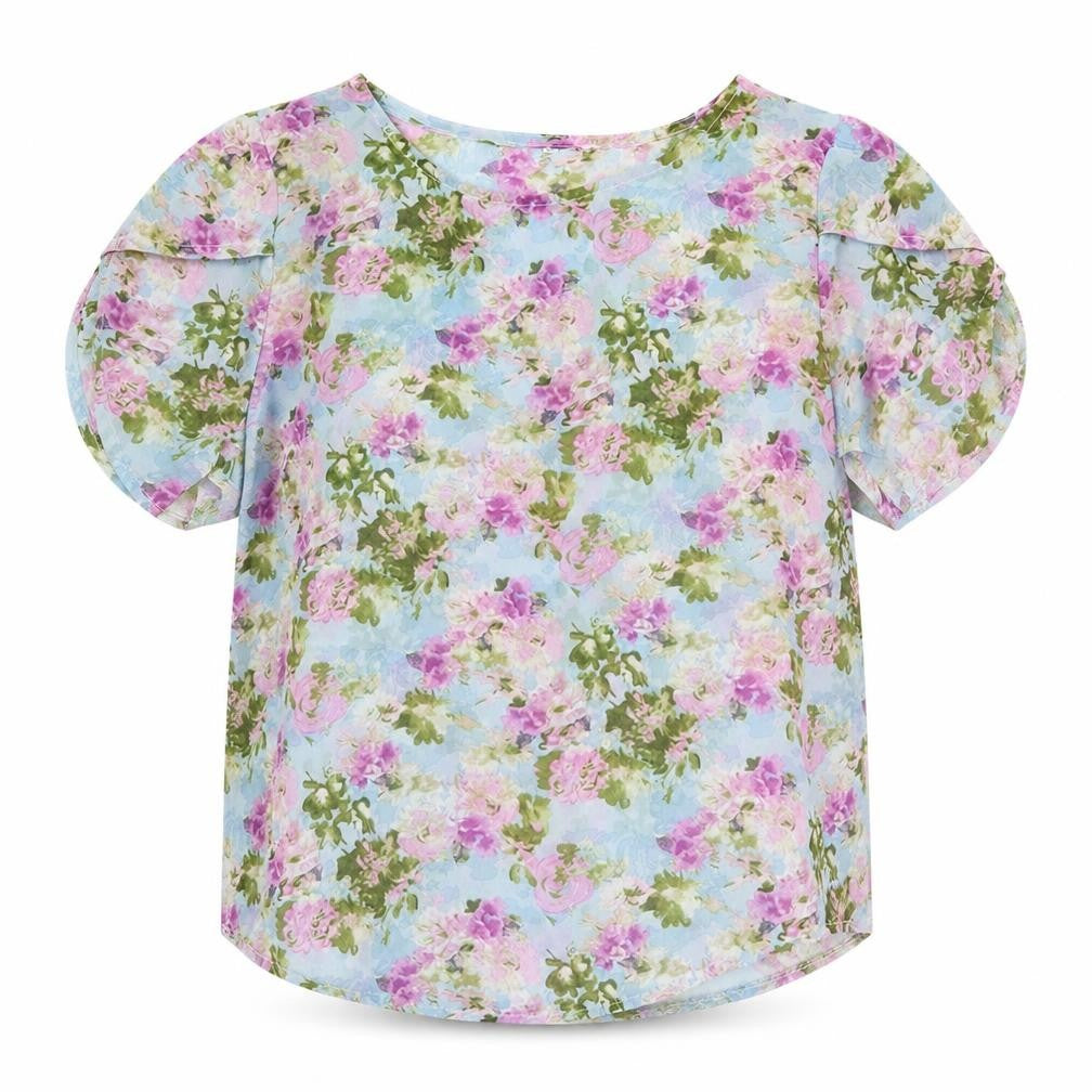 SheIn Womens Blue Floral  Basic T-Shirt Size S  - Purple Flowers
