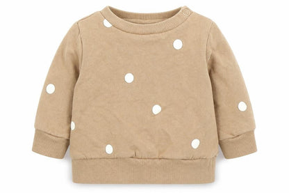 Front view of H&M girls’ brown polka dot pullover t-shirt, size 0-3, months