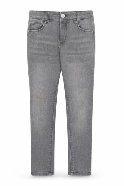 Front view of Denim & Co. girls’ grey straight jeans, size 6-7, years - washable mark