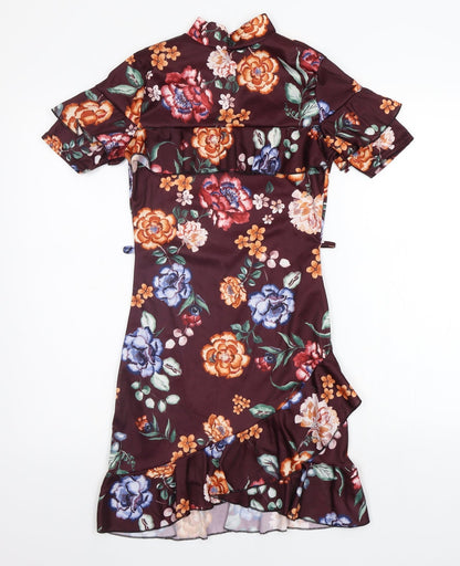 Additional front view of misguided women’s purple floral a-line, size UK 8