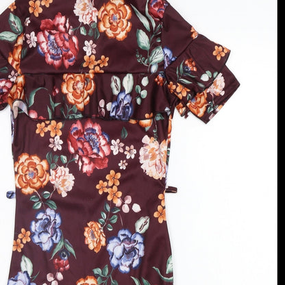 Close-up detail of misguided women’s purple floral a-line, size UK 8
