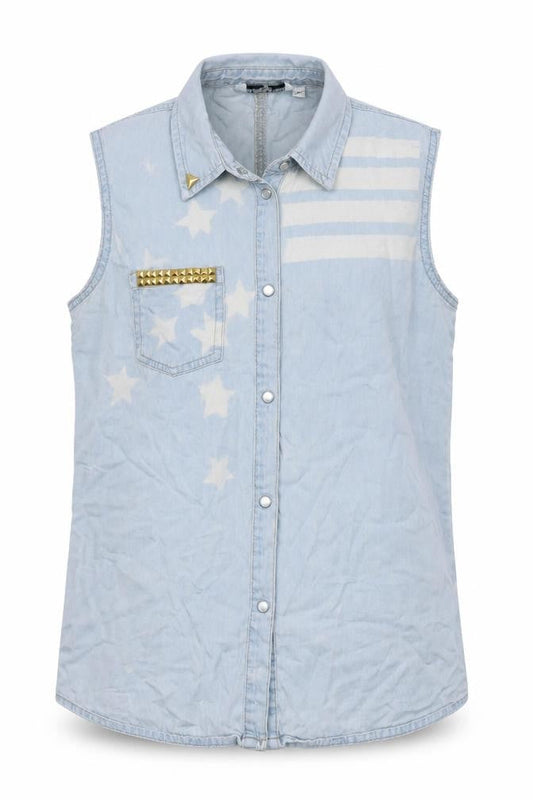 Front view of New Look girls’ blue denim basic blouse, size 14, years