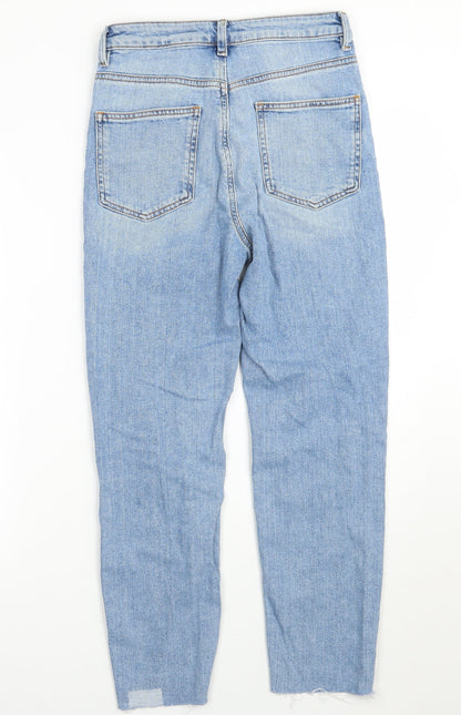 Back view of ASOS women’s blue mom jeans, size UK 27, 30-inch leg