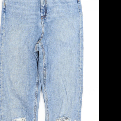 Close-up detail of ASOS women’s blue mom jeans, size UK 27, 30-inch leg