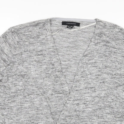 Close-up detail of Atmosphere women’s grey herringbone wrap jumper, size UK 6, - wrap style cardigan