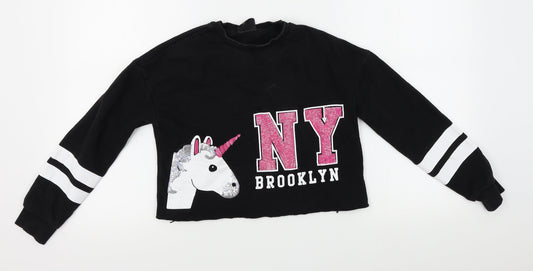 Preworn Girls Black   Pullover Sweatshirt Size 10-11 Years  - cropped, unicorns